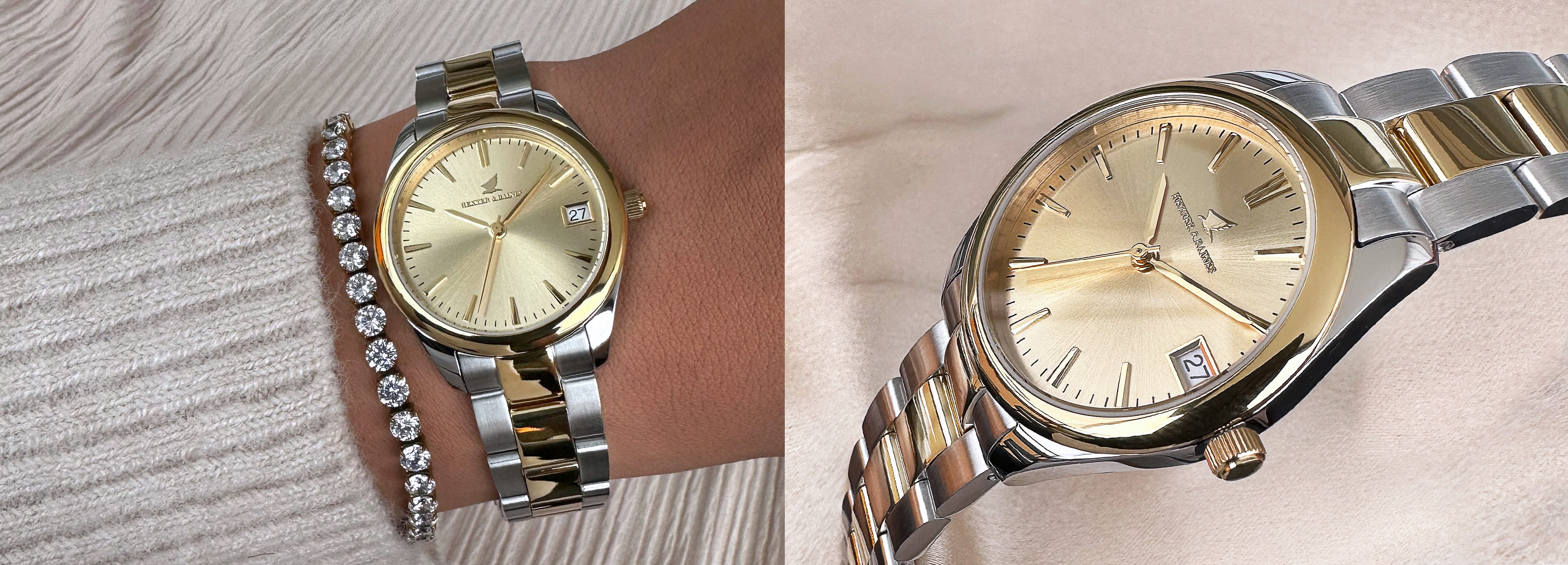 Women's Watch Gold & Silver, Date, Link Strap - Hexter & Baines